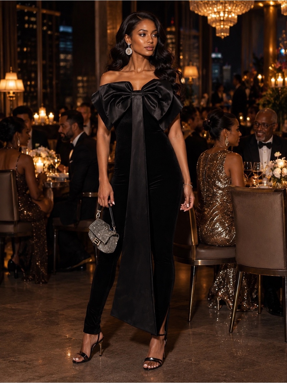 AKIRA Elegant Black Velvet Jumpsuit Huge Elegant Floor-Length Satin Bow